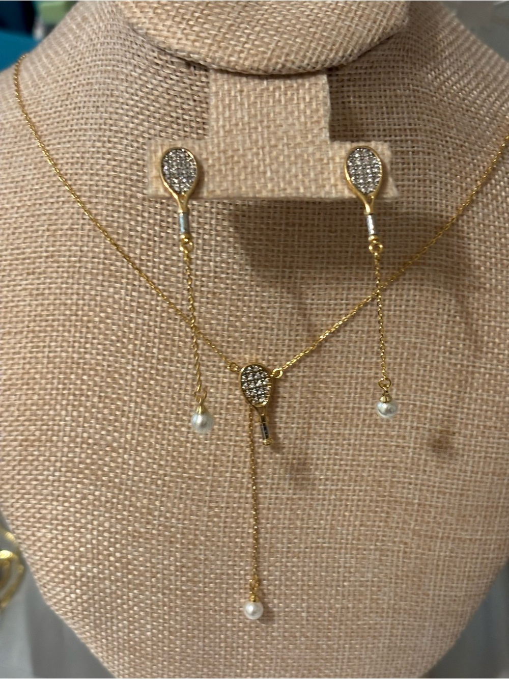 Gold Tennis Racket Pendant Necklace & Drop Earrings Set with Pearls